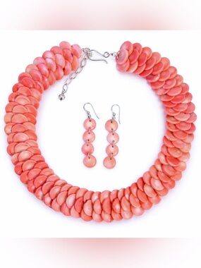 Jay King DTR Salmon Coral Disk Necklace Earrings Set Sterling Silver 925